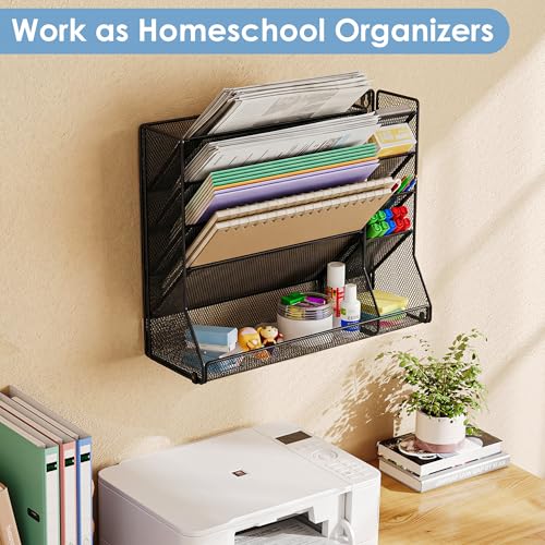 Jakyitvi File Organizer Wall Mounted, 4 Tiers Durable Adjustable Metal Desk Organizer, Desktop Hanging File Holder with 4 Pen Slots Stable, 4 Pull-Out Divider for File, Mail, Black, Patent Pending - size: 5 Tier & Metal