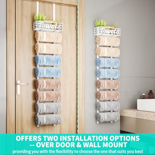 HapiRm Towel Racks for Bathroom Storage - 9 Tier Over The Door & Wall Mount Rolled Towel Storage Organizer Holder with Metal Shelf Basket for Small Bathroom, Camper, Rv - White, Patented - color: White, size: 9-Tier