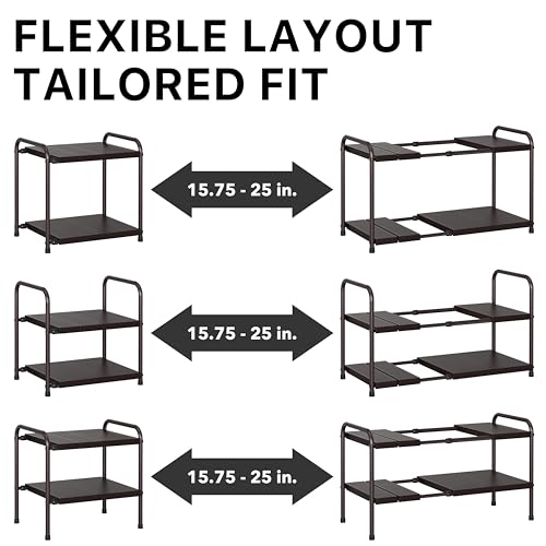 Simple Houseware Under Sink 2-Tier Heavy Duty Expandable Rack Organizer, Adjustable Width 15.75–25 Inches with 4 Shelf Height Levels, Bronze - color: Bronze