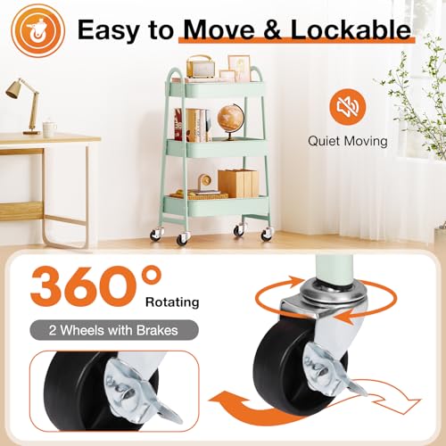 NEWBULIG 3-Tier Rolling Utility Cart with Locking Wheels, Slim Metal Mobile Storage Organizer Shelf for Small Spaces, Bathroom, Living Room, Green - color: Green, size: 3-Tiers
