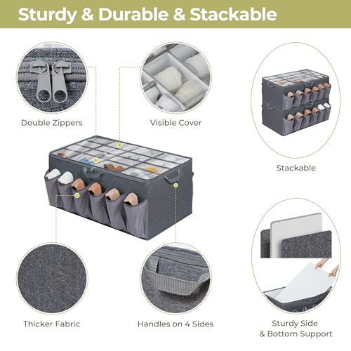 Shoe Organizer for Closet, Shoe Storage Solution with Clear Cover & Adjustable Dividers, Fabric Shoe Box Fits 16 +12 Pairs Shoes, Grey, 2-Pack - color: Grey, size: 2 Pack Large