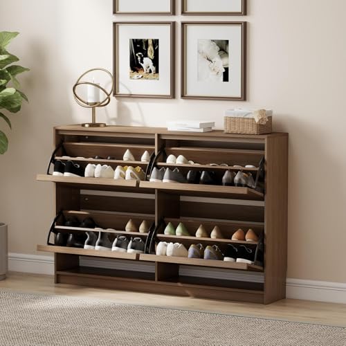 Shoe Storage Cabinet for Entryway with 4 Flip Drawers, Wooden Shoe Organizer Cabinet with Adjustable Shelf, Slim Freestanding Shoe Rack for Entryway, Hallway, Living Room, Walnut - color: Walnut