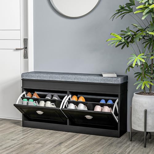 HOMCOM Modern Shoe Rack Bench for Entryway, Storage Organizer with Cushion, 2 Drawers, Adjustable Shelf, Holds 8 Pairs, Black - color: Black