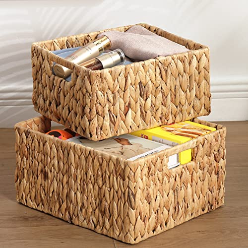 HOONEX Water Hyacinth Storage Baskets, Wicker Baskets for Organizing, Hand Woven Baskets with Carry Handles, Set of 2, Natural - color: Natural (Water Hyacinth), size: 15 x 12.8 x 7.5 inches