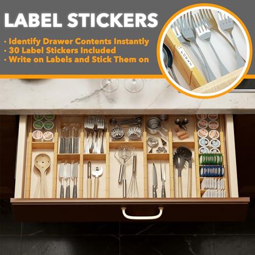 SpaceAid Bamboo Drawer Dividers with Inserts and Labels, Kitchen Adjustable Drawer Organizers, Expandable Organization for Home, Office, Dressers, 10 Dividers with 24 Inserts (17"-22" Natural) - color: NATURAL, size: 2.35''H, 17''-22''L, 10 Dividers