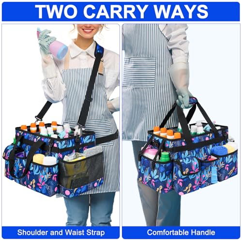 Cleaning Organizer, Large Caddy Bag for Supplies, Housekeeper's Bag with Handle (Blue Leaf) - color: Blue Leaf, size: Large