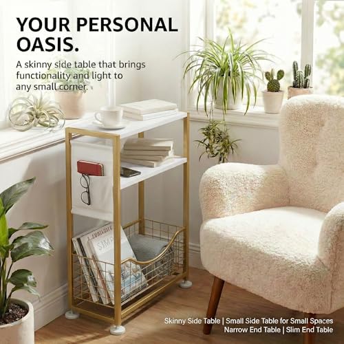 Skinny Side Table with Storage, 3 Tier Slim Side Tables for Small Spaces, Skinny End Table Narrow Bedside Table Narrow Side Table for Living Room, Bedroom - color: White Gold