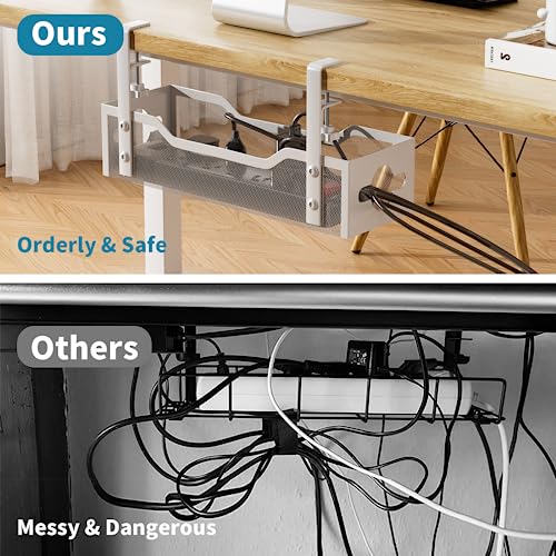 Under Desk Cable Management Tray No Drill, 13.38'' Metal Tray with Clamp for Wire Management, Litwaro Cord Organizer Home Office Damage to Standing Desk, White - color: White, size: 13.38"
