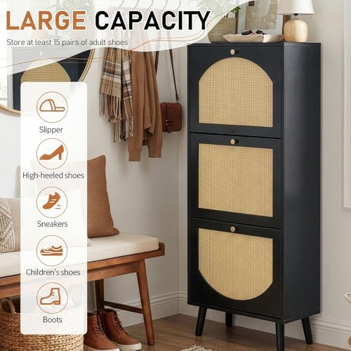Karl home Shoe Rack Storage Organizer, Rattan-Panel 3-Tilt-Out Shoe Storage Cabinet, Hidden Shoe Storage for Entryway,Ideal for Heels,Slippers,Casual Shoes,Black - color: Black, size: 3-Tilt-Out