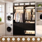 Besiost 4FT Closet Systems with 5 Wood Drawers, 48 Inch Closet Organizer System with 2 Hanging Rods & 7 Shelves, Heavy Duty 48" Walk-in Closet, Black (48"L x 15" W x 80" H) - color: Black