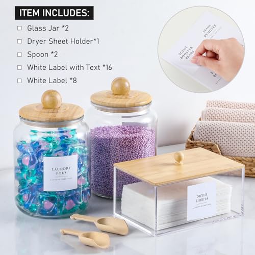 Glass Jars and Dryer Sheet Holder with Bamboo Lids, Dispenser Set and Labels, Containers for Laundry Room Organization and Storage, Half Gallon Airtight jars, Acrylic Storage Box for Laundry supplies - color: Bamboo