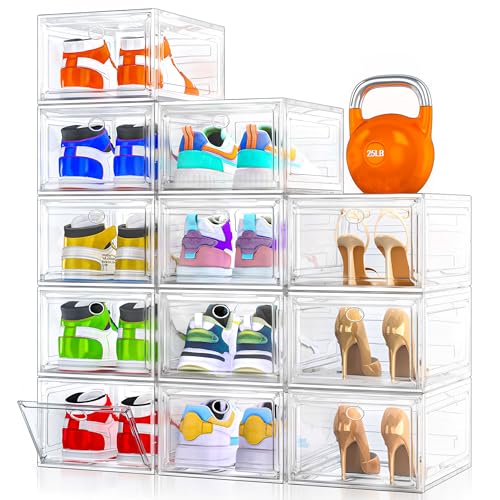 12 Pack Clear Shoe Storage Organizer with Magnetic Door,Stackable Plastic Shoe Boxes for Sneakers,Boots,and Heels,Space-Saving Foldable Shoe Rack for Closet,Durable Shoe Cabinet Organizer,White - color: White, size: 12 pcs