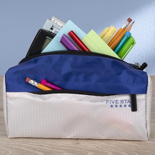 Five Star Pencil Pouch 9-Pocket Zipper Storage Organizer Case for Office Supplies Earbuds Chargers Cables Makeup, Tan/Blue (505600C) - color: Tan/Blue, size: 8"L x 4"W x 3"H