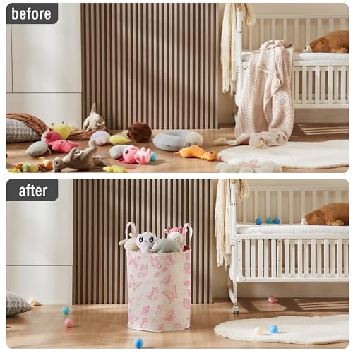 TECHMILLY Large Storage Basket for Girls and Boys, Collapsible Laundry Hamper with Long Handles, Toy Bins for Nursery, Kids Room Décor (Pink Butterfly) - color: Pink Butterfly, size: 1 Pack