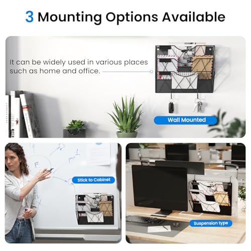 Patvingot Magnetic File Holder for Refrigerator & Cabinets | No-Drill Wall Mount Organizer | 3-Tier Vertical Mail & Magazine Holder for Office/Home (Black, Space-Saving Design)