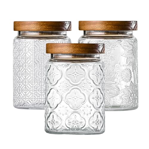 Adodeen 3-Pack 24oz Glass Jar With Airtight Lid,Kitchen Canisters For Countertop,Coffee Sugar Container Set,Pantry Glass Storage Containers For Flour,Candy,Loose Tea,Snack, mason jars - color: Sunflower/Bigonia/window-24oz