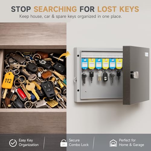 WeHere 16 Key Lock Box - Wall Mounted Key Cabinet with 3-Digit Combination Lock & Backup Key, Key Organizer Lockbox for Home, Office, Rental, Property Management, Includes Key Tags - size: 16 keys(basic)