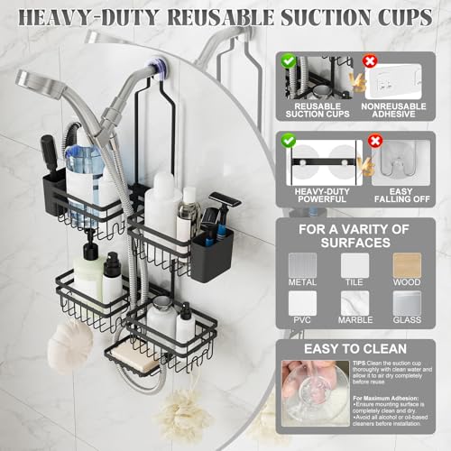 Shower Caddy Hanging for Bathroom Organizers and Storage - 3-Tier Adjustable Anti-Swing Shower Organizer Hanging with Heavy-Duty Suction Cups, Damage-Free Rustproof (Black) - color: BLACK, size: width