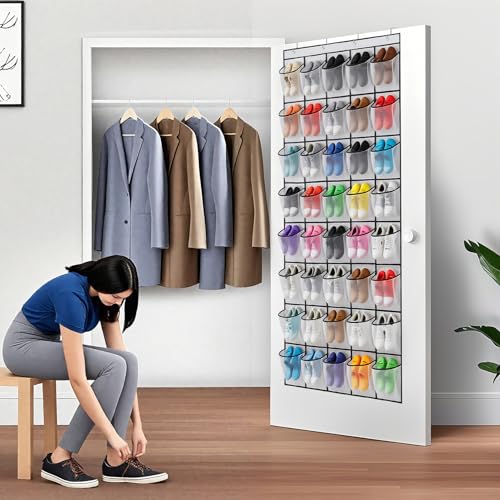 40 Large Mesh Pocket Over the Door Shoe Organizer,Hanging Shoe Rack for Door,Hualleko Shoes Organizer Hanger with Large Capacity, Shoes Storage Holder Sturdy Non-woven Fabric - Stores 20 Pairs (White) - color: White