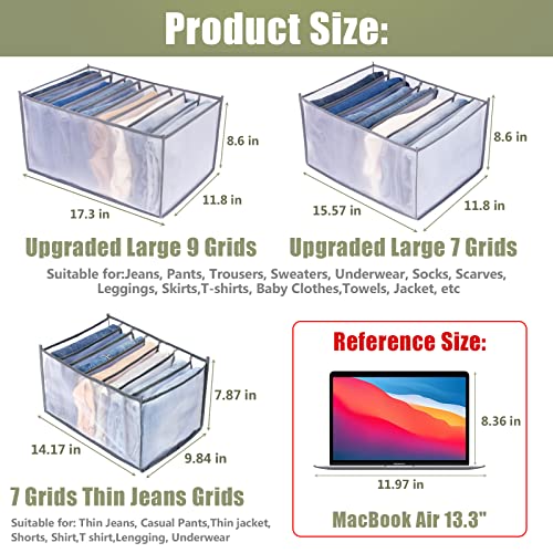 TOOVREN Jeans Organizer Extra Large 9 Grids, Closet Organizer with Foldable Drawer Compartments, Washable Clothing Storage Box 3-Pack - color: Upgraded 3PCS(Large 9 Grids,Gray)