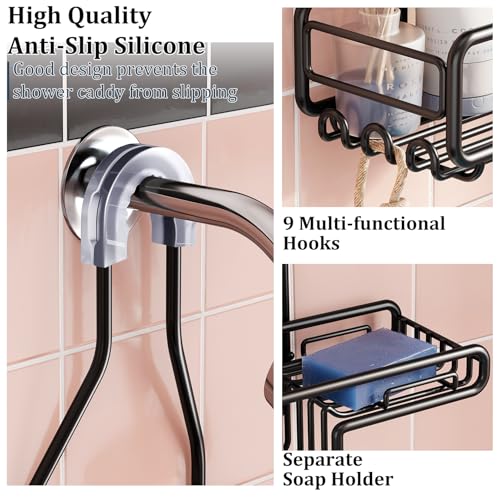 Skyapex Hanging Shower Caddy Bathroom Organizer - Over The Shower Head Adjustable Rack for Tall Showerheads, Extra Large Storage Shelf with Soap Holder for Big Shampoo Bottles - color: Black - 2 Tier