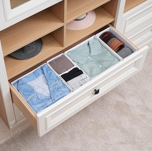 TYEERS Drawer Organizers, Durable Fabric, Washable, with Base Support Boards, Small Storage Boxes for Bathroom, Closet, Dresser, Set of 12, White - color: White, size: S+M+L (Set of 12)