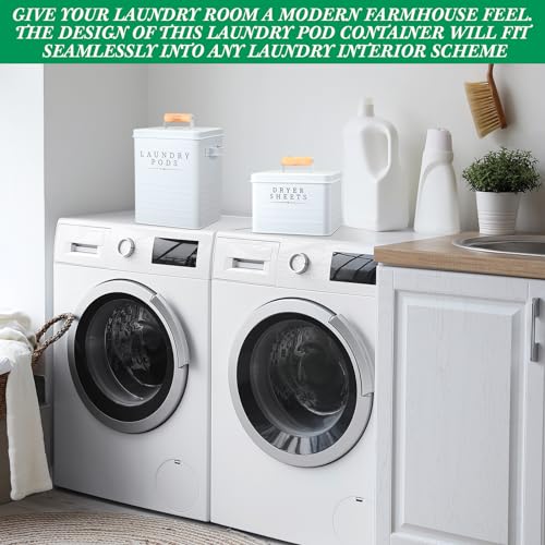 Yaocom 2 Pcs Laundry Pod Container with Dryer Sheet Holder Farmhouse Laundry Room Decor Organization and Storage Detergent Container Box with Lid Handle Metal Dryer Sheet Dispenser(White) - color: White