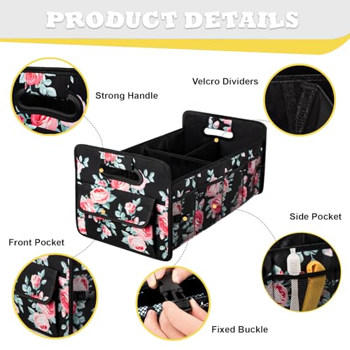 JiatuA Car Trunk Organizers and Storage Collapsible Multi Compartment Container Box, Adjustable Car Accessories for SUV Sedan Truck, Standard Size, Black Floral - color: Black Floral, size: Standard