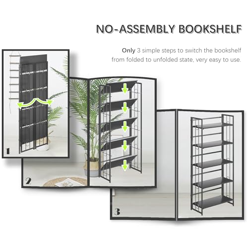 4NM No Assembly 5 Tiers Folding Bookshelf, 59.4" H Foldable Storage Shelves Vintage Bookcase Standing Racks Study Organizer Home Office - All Black - color: All Black, size: 5-Tier