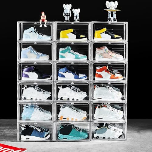 12 Pack Shoe Boxes, Clear Acrylic Stackable Plastic Sneaker Box Container, Magnetic Drop & Side Open Shoe Organizer Case Container With Lids Fits Up to Size 14 (Crystal Clear) - color: Crystal Clear
