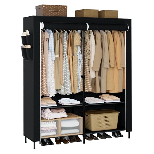 CASAMAYA Portable Closet, 54.3 Inch Large Capacity Wardrobe Closet with Cover, Clothes Storage Organizer with Shelves and 2 Hanging Rods, Easy to Assembly, Black PCT102B01 - color: Black, size: 54.3"L x 17.7"W x 78"H