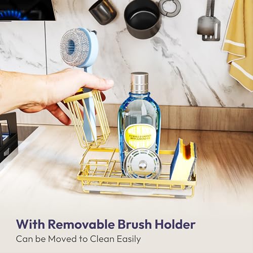 SWTYMIKI Sink Caddy Kitchen Sink Organizer with Detachable Brush Holder, Stainless Steel Sponge Holder with Removable Drip Tray Sponge Caddy for Kitchen Countertop, Gold - color: Gold, size: Medium