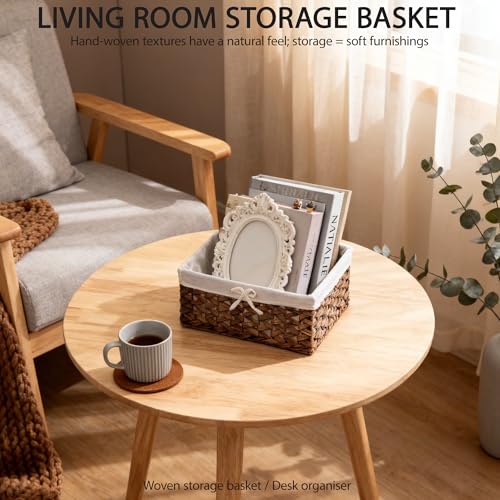 Water Hyacinth Storage Basket Small with Metal Frame & Removable Liner, 11.8”×7.9”×5.5” Rectangular Woven Organizer Bin for Bathroom Vanity, Desk, Nursery, Closet, Home Organization - size: Small