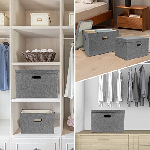 DAYARD Foldable Storage Boxes with Lids Linen Fabric Stackable Storage Bins Organizer Containers Baskets Cube with Cover for Closet Office Nursery, Grey (15 x 10 x 10) - color: Grey, size: Medium