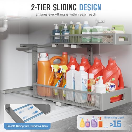 2 Pack 19IN Depth Under Sink Storage Organizer, Large 2-Tier Elegant Mesh Pull Out Shelf for Kitchen and Bathroom Cabinet Organization, L-Shaped and Adjustable Height Design-Gun Gray - color: Gun Gray, size: 2 Pack-19"Dx11.4"-16.14"H