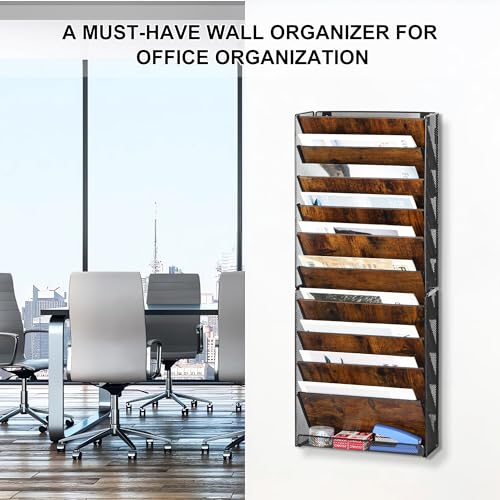 TQVAI 10-Tier Hanging Wall File Organizer - Folding Wall Mounted Mail Document Holder, Metal Clipboard Storage Rack for Office, Homeschool, Classroom Organization, Black/Vintage - size: 10 Tier