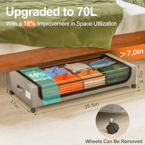 GoMaihe Under Bed Storage with Wheels: 70L Underbed Storage Containers with Lids - Rolling Bins for Shoes Clothes in Dorm Bedroom - Metal Drawers Easy Pull-out Grey 2-Pack - color: Grey, size: Extra Large(2Pack)
