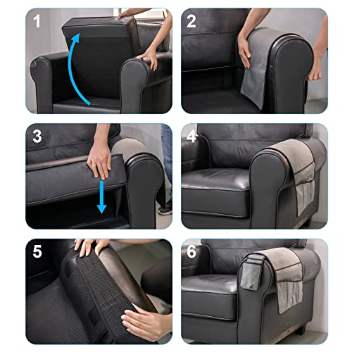Sofa Armrest Organizer Couch Remote Holder, Sofa Caddy Bedside Organizer Recliner Armchair Accessory for iPad Tablet Phone Magazines in Home Bedroom Office Hotel, 5 Pockets with Font Side Drink Holder