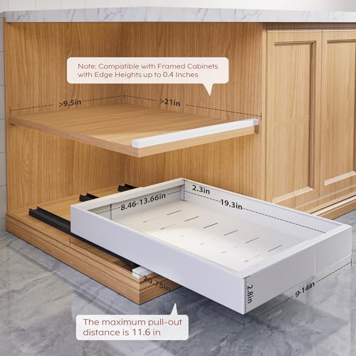 Seinloes 2 Pack Pull Out Cabinet Organizers 21" Deep With Raising Pad for Framed Cabinets, Expandable Width (9"-14") Slide Out Drawers Upgrade 3 Slide Rails, Roll Out Shelves Adhesive, White - color: White, size: 9"-14"Wide x 21"Deep(2 Pack)