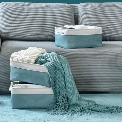 TheWarmHome Fabric Storage Bins Baskets for Organizing,Sturdy Storage Basket W/Handles, Decorative Foldable Storage Baskets for Shelves Closet Nursery Toy (White&Teal, Medium - 3 Pack) - color: White And Green, size: 3PCS/Medium -13.8Lx9.8Wx6.7H