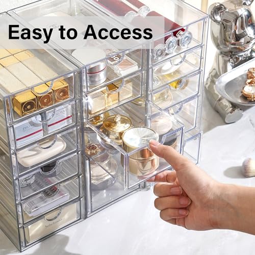 Prsildan Acrylic Drawer Makeup Organizer with 4 Drawers, Set of 2 Office Desk Organizers Accessories, Clear Stackable Storage Drawers for Vanity, Countertop, Craft, Jewelry, Art Supply Organization - style: 4 Drawers