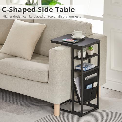 C Shaped End Table 28"(H) 3-Tier C Table with Storage Bag, Under Couch Table C-Shaped End Table with Storage Shelves and Bag for Living Room, Bedroom, or Office - color: Black, size: Wood