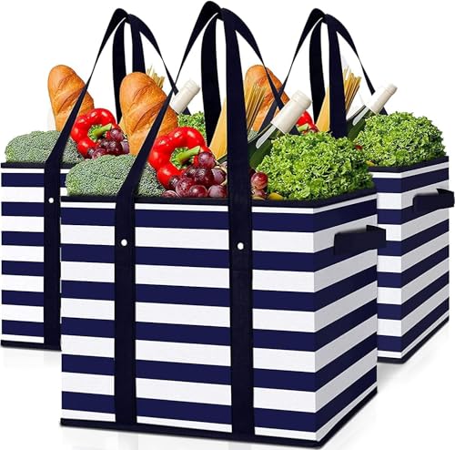 WISELIFE 3 Pack Reusable Grocery Bags Large Water Resistant Grocery Collapsible Heavy Duty Tote Bags for Shopping Picnic - color: Blue, size: 3 PCS