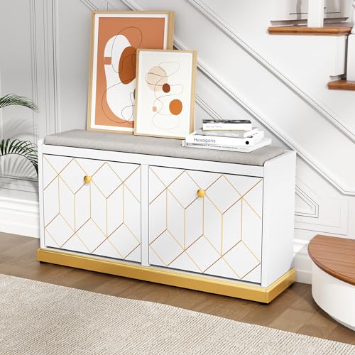 HLR Shoe Bench with Storage, Modern Entryway Bench with 2 Flip Drawer & Padded Cushion Seat, Shoes Storage Bench for Hallway, Closet, Living Room, White Shoe Storage Cabinet with Bench - color: White
