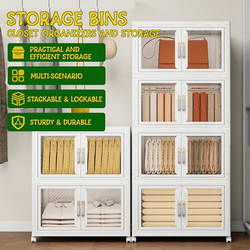 UAMFURI Stackable Storage Bins with Lids, Clear Doors, Large Storage Cabinet Foldable Collapsible Closet Organizers for Bedroom Dorm Office (4, White, 120, Quarts)