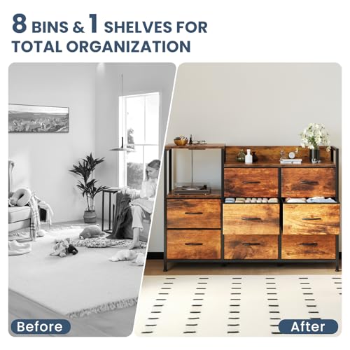 DUMOS TV Stand Dresser with 8 Fabric Drawers & Open Shelves, TV Stand for Up to 45 inch TV with Wooden Top, Entertainment Center with Charging Station for Living Room, Hallway, Brown - color: Brown, size: 47.24"D x 11.8"W x 33.85"H (8 Drawers)