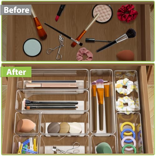 12 Piece Clear Drawer Organizer Set, 3 Sizes Bathroom Vanity Organizer Trays and Storage Bins for Makeup, Cosmetics, Jewelry, and Gadgets. Perfect for Office, Kitchen, Bedroom, Bathroom Use. - size: 12pcs-3size