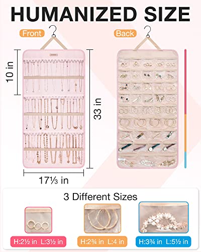 BAGSMART Hanging Jewelry Organizer Storage Roll with Hanger Metal Hooks Double-Sided Jewelry Holder for Earrings, Necklaces, Rings on Closet, Wall, Door, 1 piece, Extra Large, Pink - color: Pink, size: X-Large