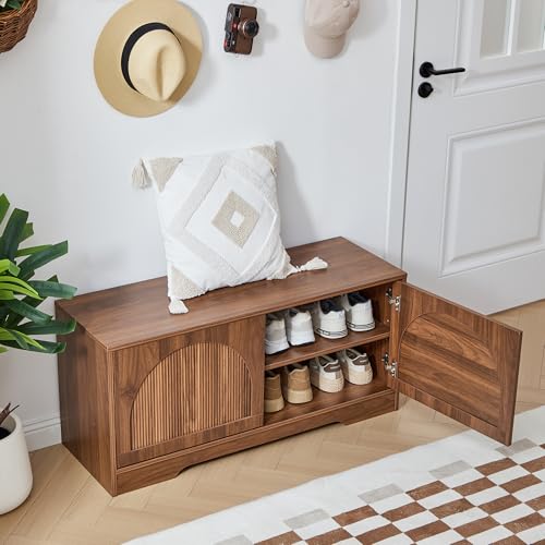 BERRYMERRY 39.4" Fluted Shoe Storage Bench for Entryway,2 Tier Shoe Cabinet Bench with Adjustable Shelf,Bench for Bedroom End of Bed (Walnut, 13.8”D x 39.4”W x 18.5”H) - color: Walnut