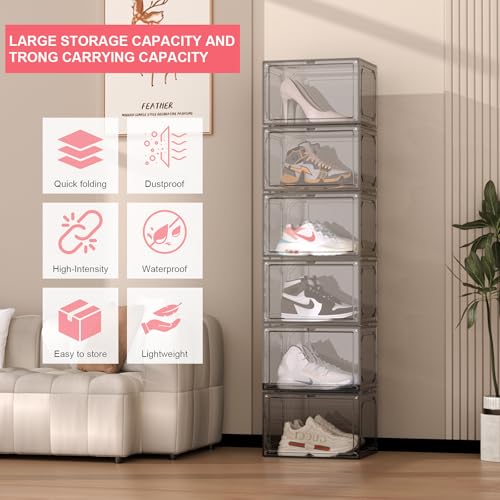 Shoe Box,Set of 6,Stackable Plastic Clear Shoe Box Organizer with Magnetic Door,Shoe Storage Box Thicken Sturdy,Easy Assembly,Fit up to US Size(Side opening door, Black) - color: Black, size: Side